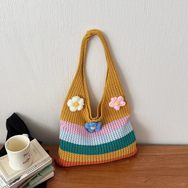 Rainbow Cotton Braid Tote Bag for Women with Single Shoulder Strap, Perfect for Summer