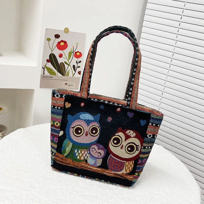 Retro Ethnic Style Handbag Embroidered Canvas Elephant Owl Lunch Box Mom Bag Versatile Cartoon Design Square Shape Shoulder Bag