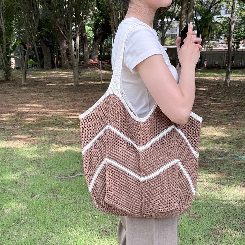 Women’s Splicing Shell Pattern Knit Tote Bag with Braid Design and Single Shoulder Strap