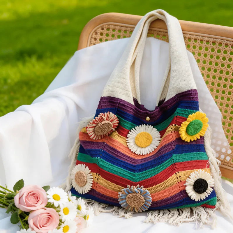Rainbow Canvas Bucket Bag with Braid Detail, Single Shoulder Strap, Perfect for Summer