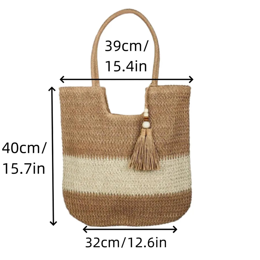 Women's Large Straw Color Block Basic Beach Weave Square Zipper beach bag