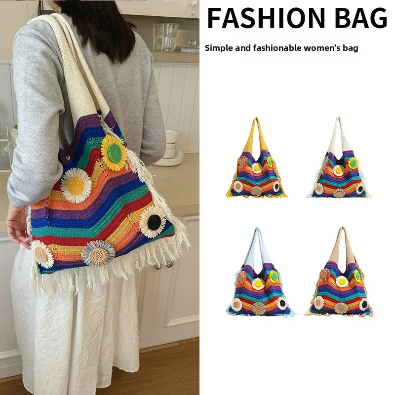Rainbow Canvas Bucket Bag with Braid Detail, Single Shoulder Strap, Perfect for Summer