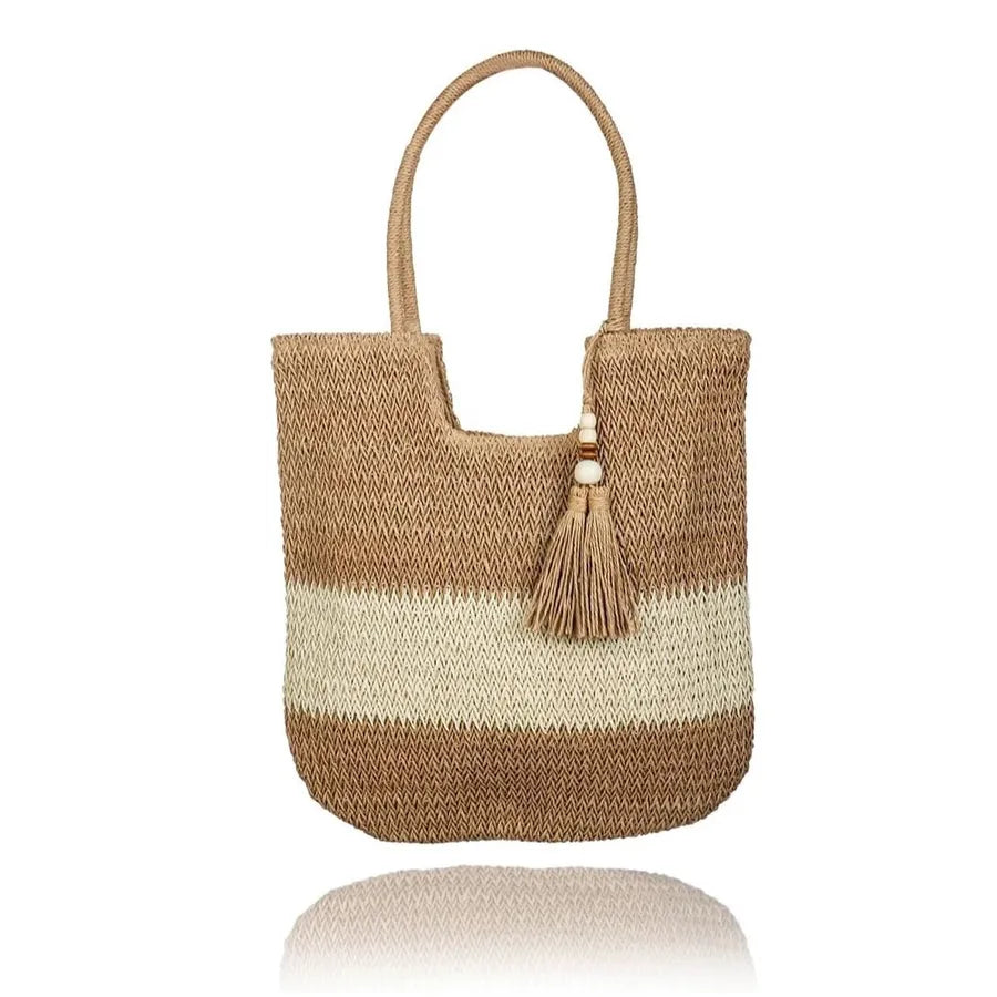 Women's Large Straw Color Block Basic Beach Weave Square Zipper beach bag