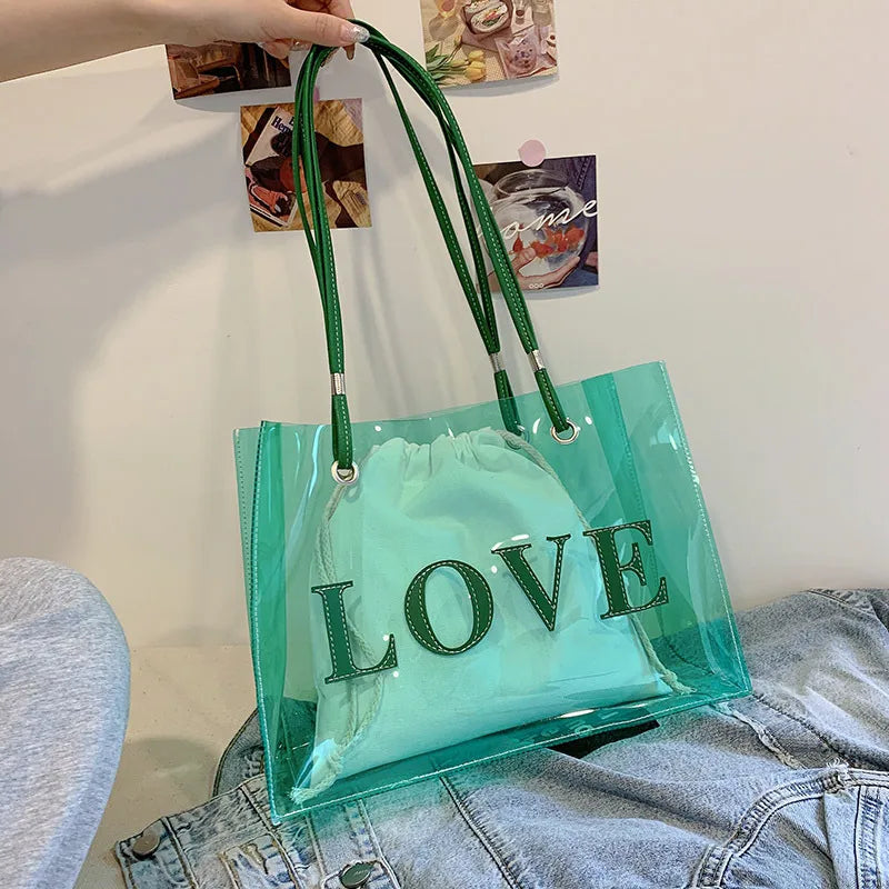 Transparent Square PVC Jelly Bag for Women with Single Shoulder Strap featuring Printing Design