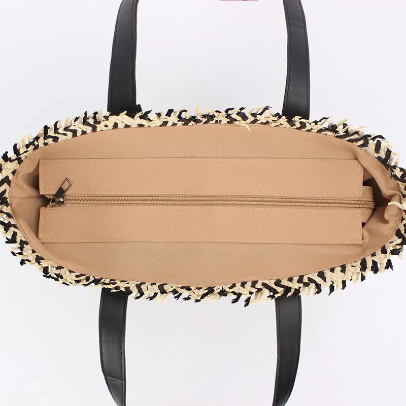 Women's Large Straw Geometric Vacation Bucket Zipper Straw Bag