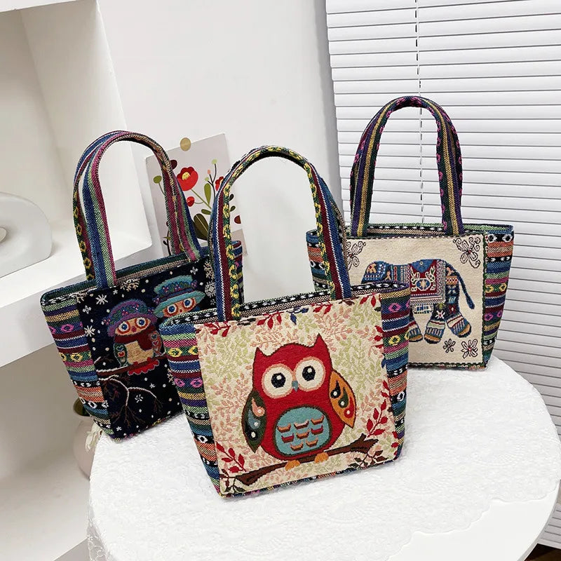 Retro Ethnic Style Handbag Embroidered Canvas Elephant Owl Lunch Box Mom Bag Versatile Cartoon Design Square Shape Shoulder Bag