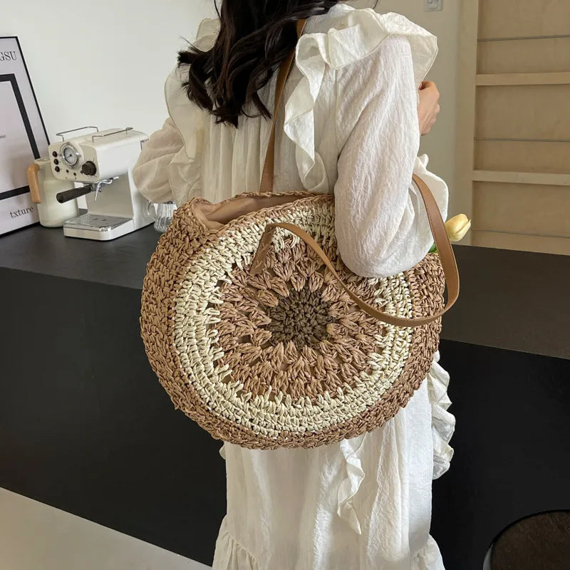 Women's Large Straw Color Block Vacation Beach Round Zipper Straw Bag